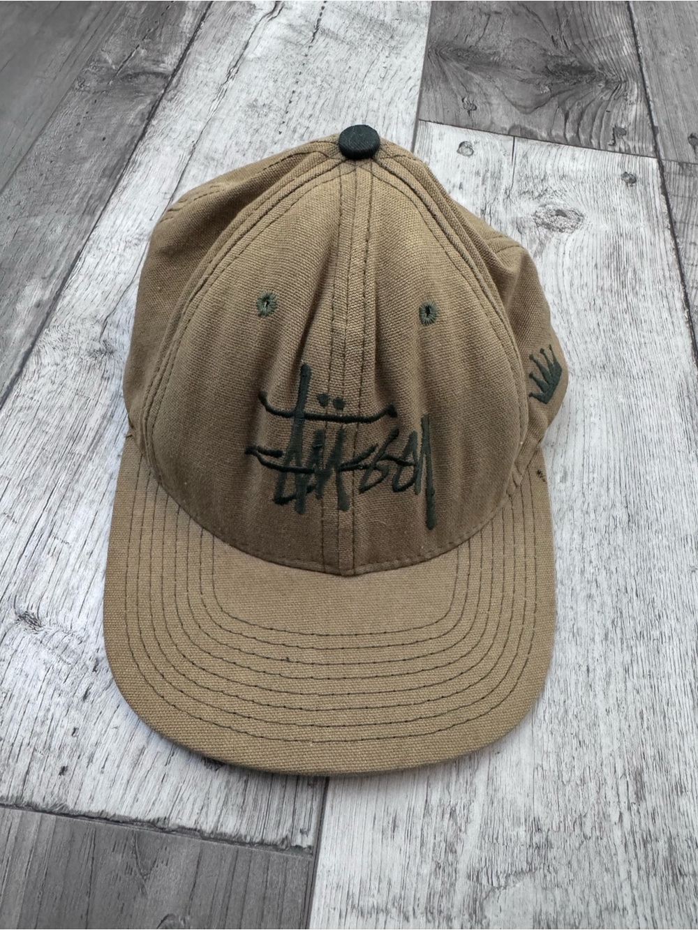 Vintage Stüssy Made in America khaki green cap black embroidered log - Picture 1 of 12